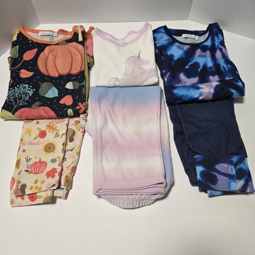 Girls Size 6 Unicorn Pajama Set Fall-Themed Dress And Pants - 3 Matching Sets